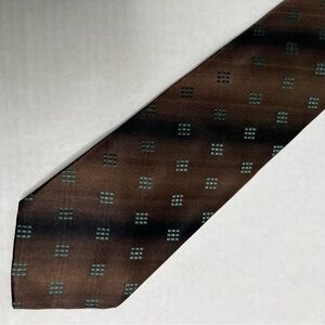 HUGO BOSS SILK MEN'S TIE. BROWN GEOMETRIC PATTERN, BLACK & BLUE ACCENTS